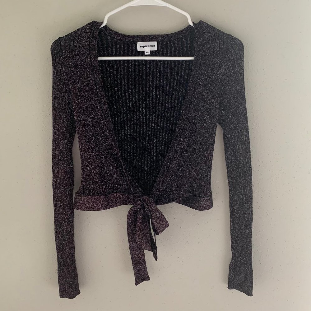 Purple Glitter Cross Over Tie Long Sleeve Stretchy Crop Top